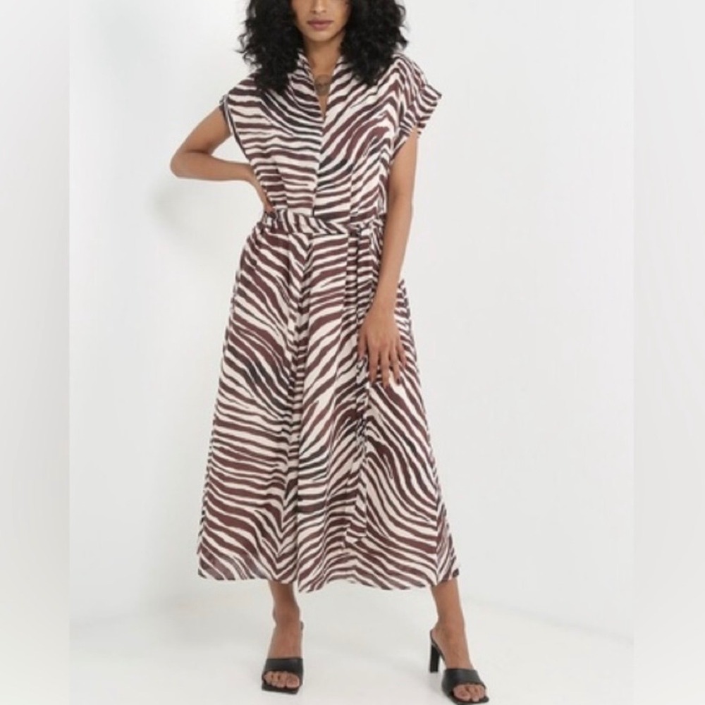 NWT Banana Republic Factory Zebra Print Midi Shirt Dress Brown White Safari